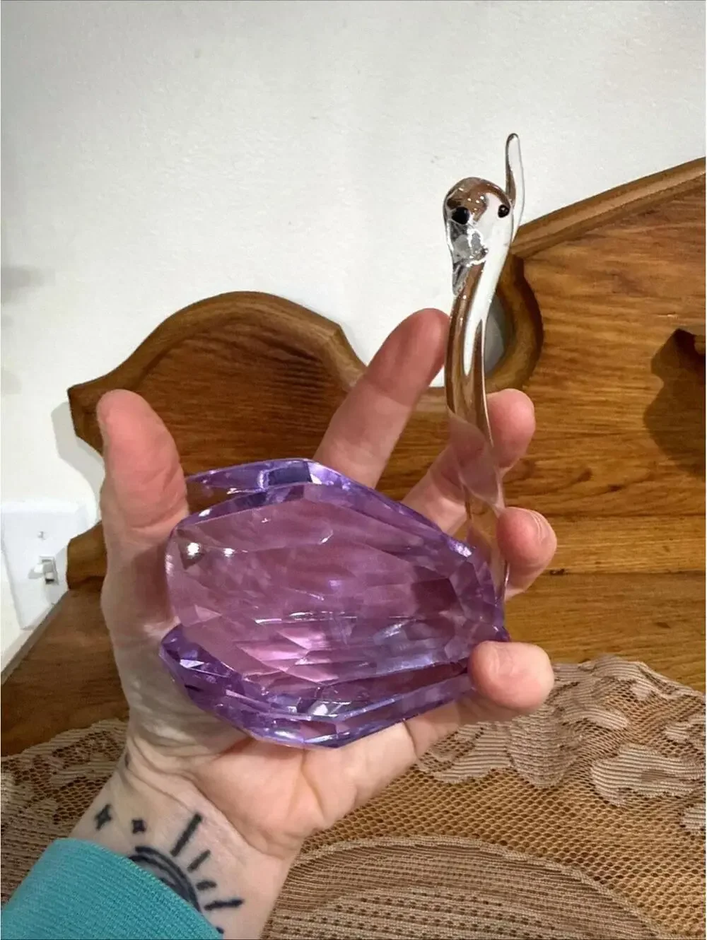 Pair Large Diamond Cut Purple Crystal Swan Figurines Paperweight Statue 5” Rare - Picture 2 of 15